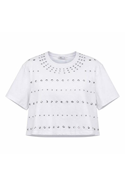 Miss Poem Women's White Crystal Stone Embroidered P Cotton U C Cropped T-Shirt