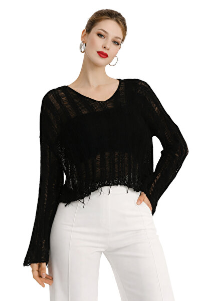 MODASPARK Μαύρο δαντελωτή πλέξη Με φούντες V-λαιμόκοψη ελαφρύ Βαμβάκι τεμάχια...