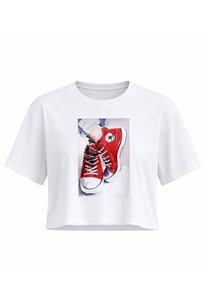 Miss Poem Γυναικείο λευκό μπλουζάκι Αθλητικό παπούτσι με τύπωμα Βαμβάκι Κοντό