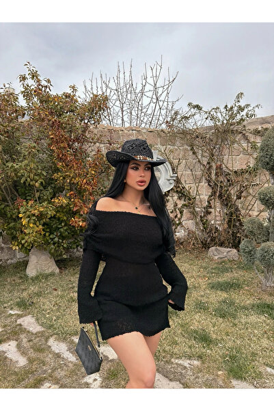 kırmızı butiks Μαύρο διπλωμένο πλεκτό φόρεμα Μαντόνα