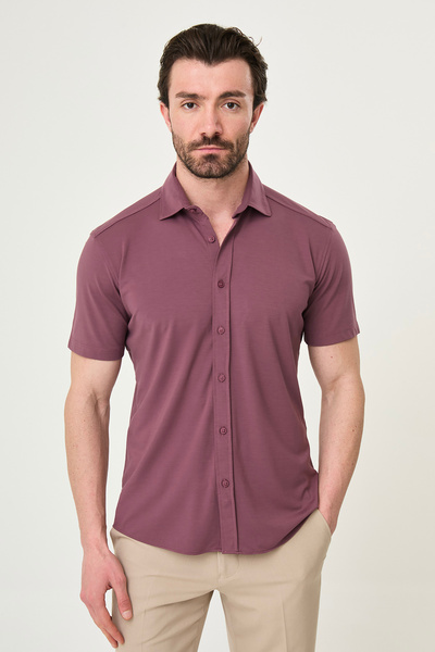 Mcr قميص رجالي بأكمام قصيرة من فلات قصة ضيقة بلون البرقوق - 27057.25Y