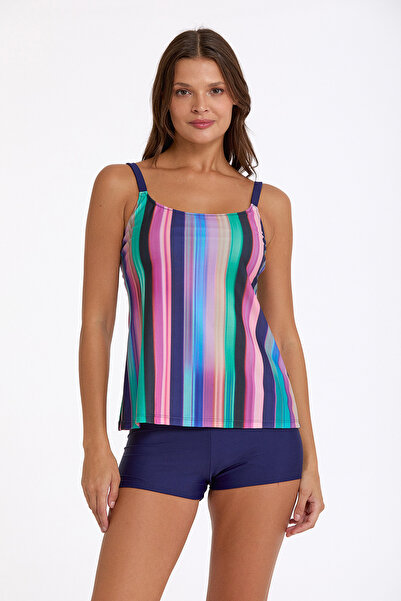 Argento Women's Navy Blue Line Patterned Thin Covered Round Neck Shorts Tankini
