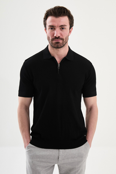 Mcr Ανδρικό πλεκτό μπλουζάκι με φερμουάρ και λαιμόκοψη πόλο, μαύρο - 11594.26Y