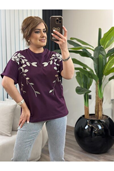 MELTEM TUĞAN Yaprak Varak Boncuklu Pamuk Penye Tshirt MÜRDÜM