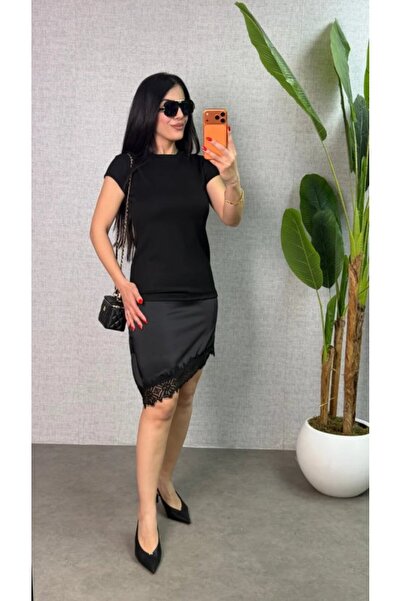 COjans Women's Skirt Hem Lace Detailed Satin Fabric Dress