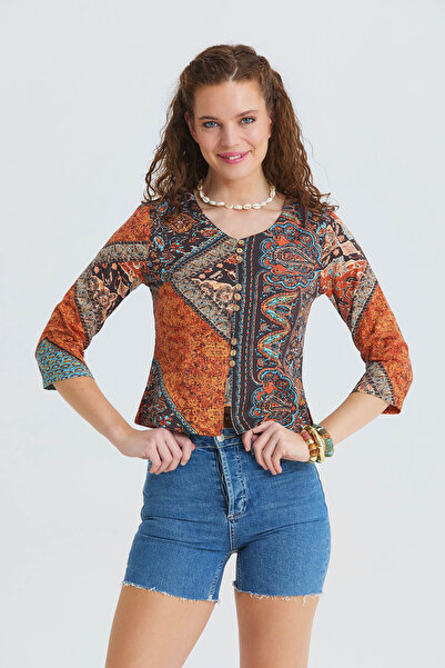 Los banditos Χειμερινή μπλούζα με λαιμόκοψη με μισό μανίκι και λεπτομέρεια με...