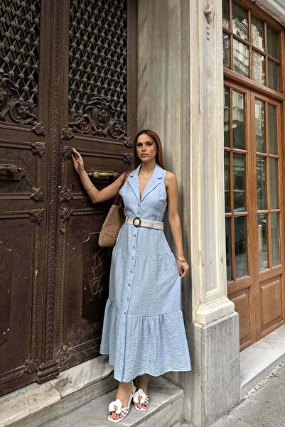 MyLoore Women's Blue Belt Button Midi Dress Mlb149