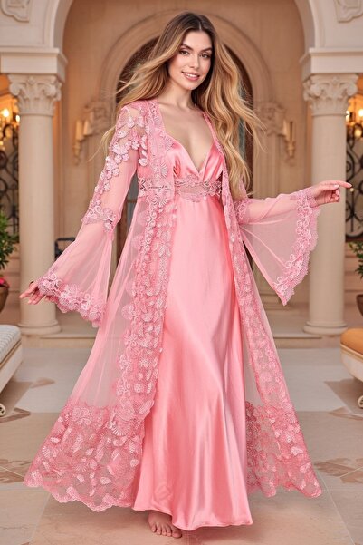 NAHAWAND Lüks Dantelli Gelin Sabahlık Seti - Özel Tasarım Beyaz Saten Gecelik