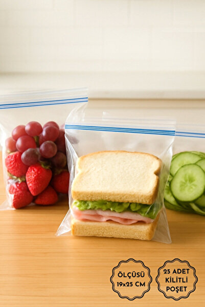 Bimotif 25 adet kilitli piknik gıda poşeti, 19x25 cm (Sandviç poşeti, Meyve v...
