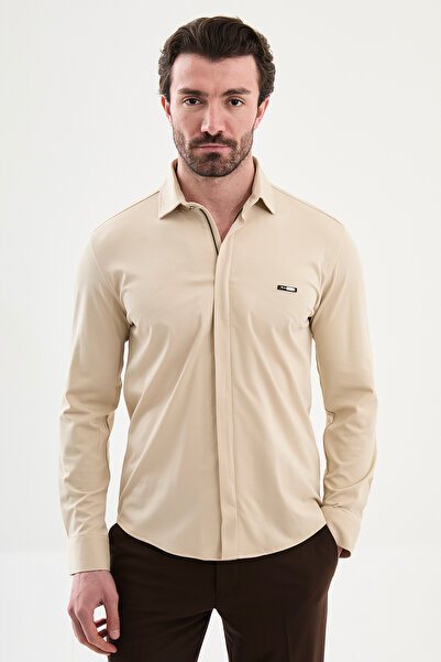 Mcr Plain Slim Fit Zipper Long Sleeve Men's Shirt Beige - 27141.26Y
