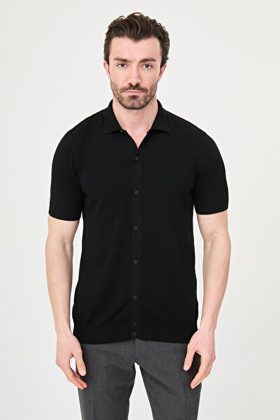 Mcr Plain Slim Fit Short Sleeve Men's Knitwear Shirt Black - 11246.26Y