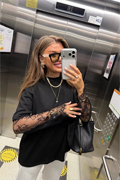 VLK STYLE DANTEL DETAYLI KISA KOL MODAL OVERSİZE TSHİRT