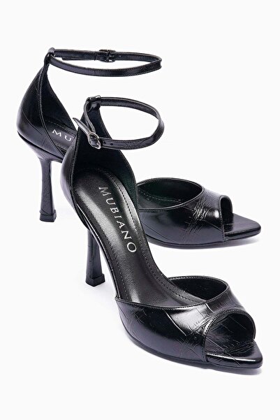 Mubiano Women's Stiletto Pointed Toe Crocodile Patterned Ankle Strap Heeled S...