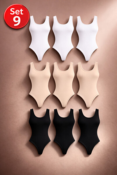 MONOTEE Set of 9 Women's Cotton Bodysuits, Tank Top Body, Thong Model, Wide S...