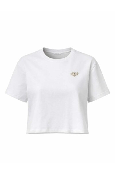 Miss Poem Women's White Heart Detailed T-Shirt, Pack of Cotton Cropped