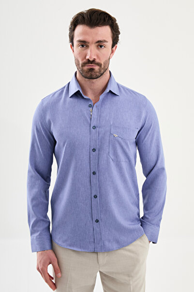 Mcr Plain Slim Fit Pocketed Long Sleeve Men's Shirt Blue - 27143.26Y