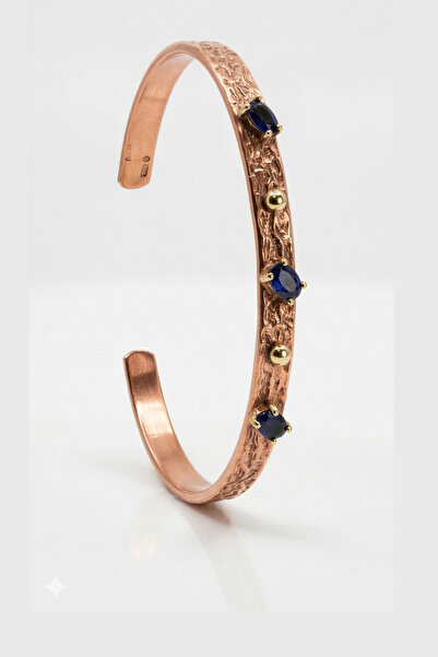 OSMANLI GÜMÜŞ Women's Copper Bracelet Natural Sapphire 3 Stones Kenna Model W...