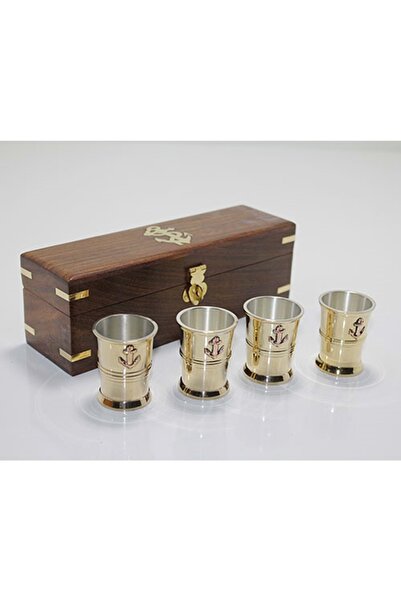 Store Ahşap Kutulu 4'lü Pirinç Shot Bardak Seti Vintage Dekoratif İçki Sunum ...