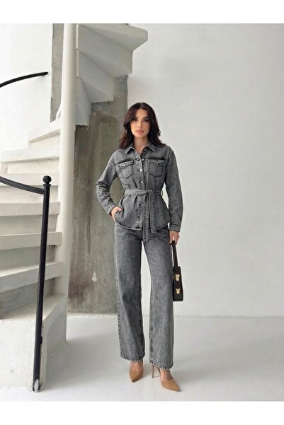 KENE JEANS Belted Snow Black Double Jacket+Pants Denim Suit