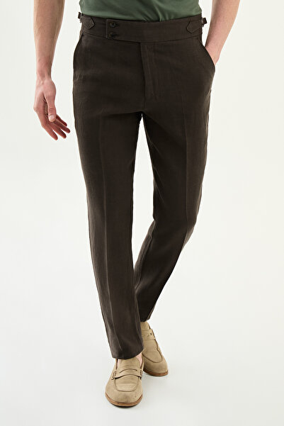 Mcr بنطلون رجالي مستقيم قصة ضيقة حزام بإبزيم 100% قطن كتان بني - 38352.26Y