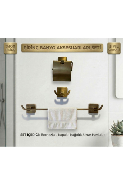 EMFA AKSESUAR Antik Paslanmaz Pirinç 3’lü Banyo Seti Mat Gold – Uzun Havluluk...