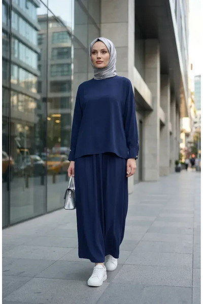 sefamerve Buttoned Sleeve Tunic Skirt Double Set 0246-01 Navy Blue