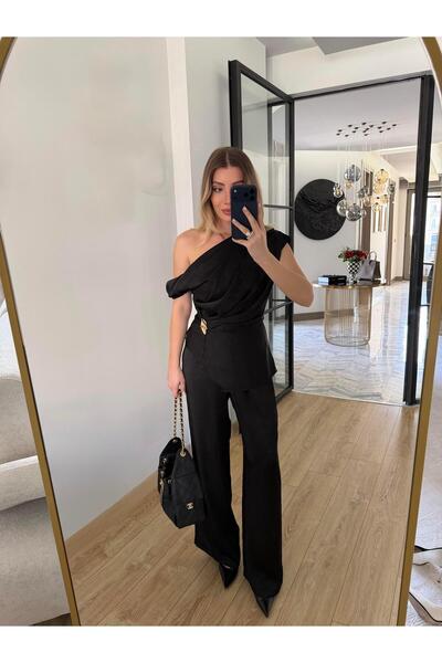 CKBUTİK Siyah Broş Detaylı Degaje Yaka Saten Takım