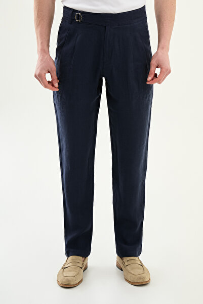 Mcr Straight Slim Fit Pleated Belt Buckled 100% Linen Men's Trousers Navy Blu...