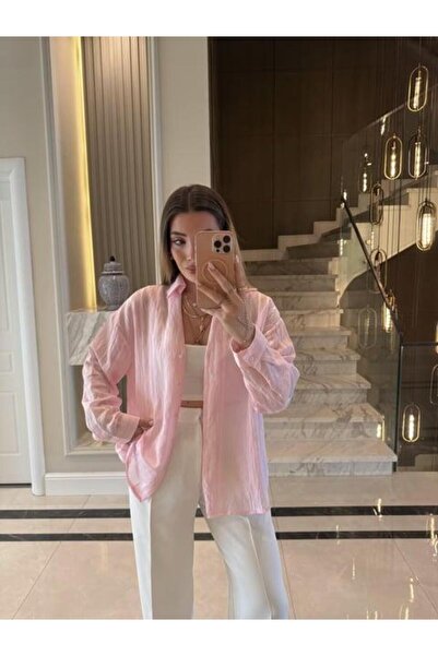 CKBUTİK Pembe Oversize Transparan Tensel Gömlek - 4914