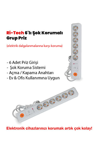 Mutlusan Ri-Tech 6'lı Şok Korumalı Anahtarlı Grup Priz 1,5m kablo -çocuk koru...
