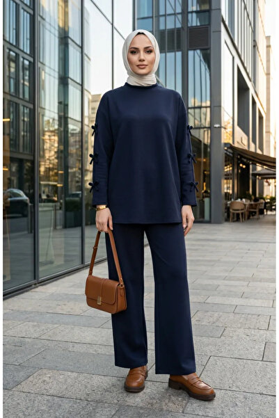 sefamerve Set dublu: Tunică cu mâneci tip fundă și pantaloni 2246-04 Bleumarin