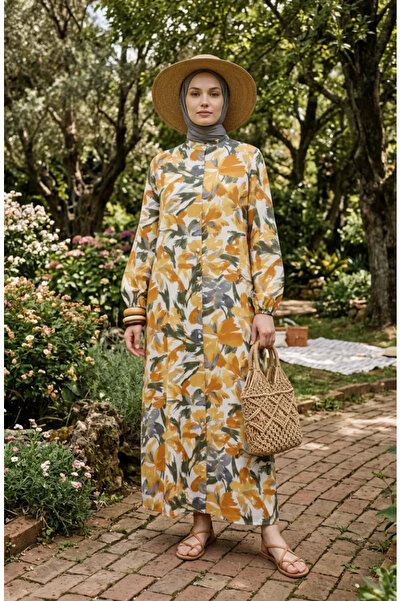 sefamerve Rochie cu model cu mâneci elastice 0249-01 Muștar Antracit