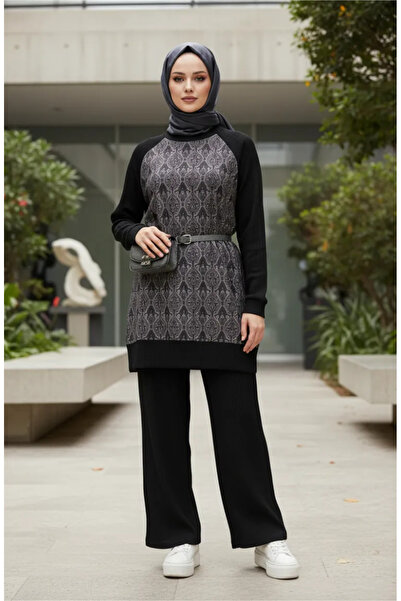 sefamerve Patterned Tunic Trousers Double Set 2245-02 Anthracite Claret Red