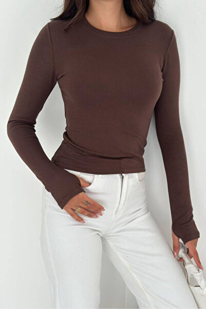 Noa&Noa بلوزة بياقة دائرية وأكمام طويلة - بني