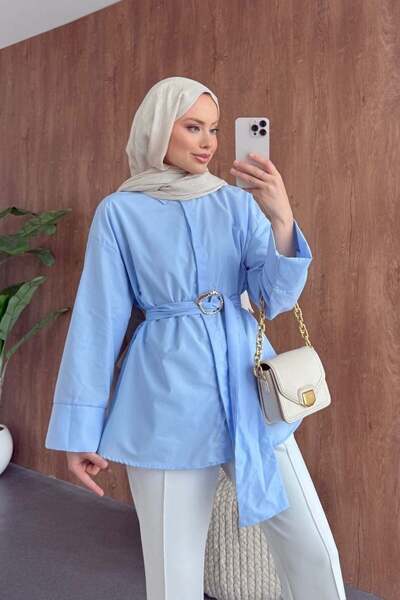 Şulemoda Giyim Buckle Detail Belted Shirt Blue