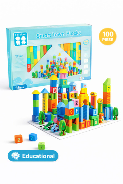OEM Set 100 Cuburi din Lemn pentru Construit Orașul Inteligent– Joc Educativ ...