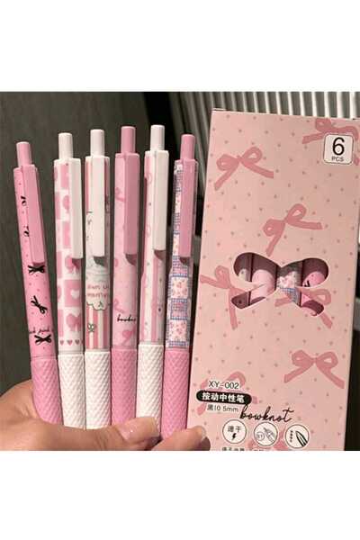 MyBalliStore Kawaii Desenli Pembe 6'lı Hızlı Kuruyan Jel Kalem Seti (siyah ya...