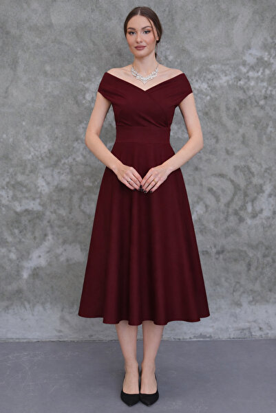 MAG FASHİON Kayık Double-Breasted Yaka Düşük Omuz Woven Drapey Kumaş Etek Klo...