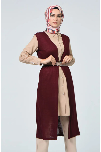 sefamerve Thin Spring Summer Long Dress Vest 8767-01 Dark Claret Red