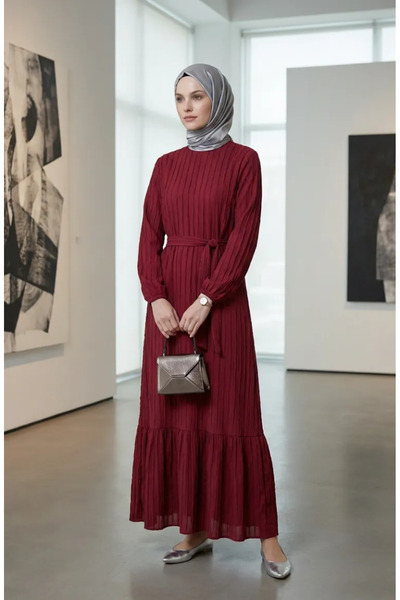 sefamerve Ruched Textured Belted Dress 2242-06 Claret Red