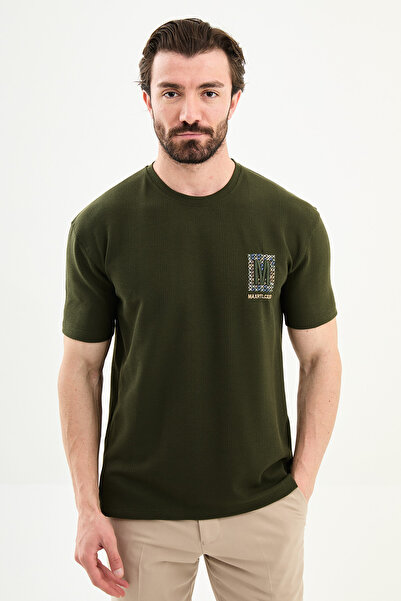 Mcr Patterned Slim Fit Embroidered Crew Neck Men's T-Shirt Khaki - 36870.26Y