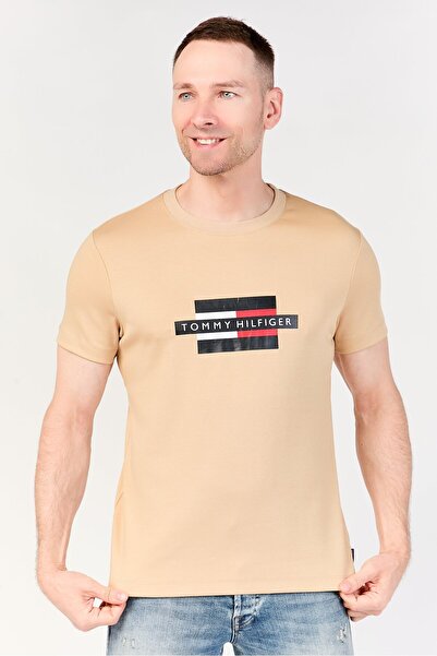 Tommy Hilfiger Men Crew Neck Short Sleeve Brand Logo T-Shirt, Tan
