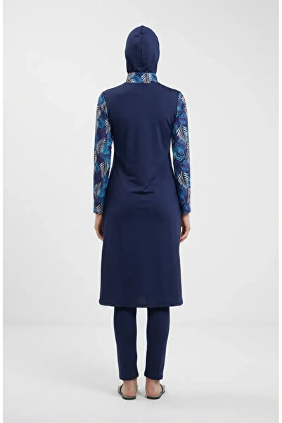 sefamerve Palm Tree Patterned Zippered Hijab Swimsuit 2603-02 Navy Blue