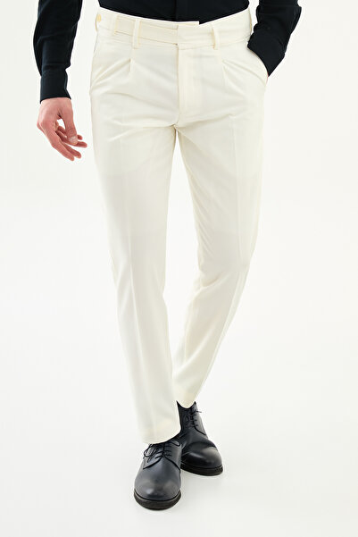 Mcr Pantaloni bărbați simpli slim fit cu pliuri cu nasturi laterali Ecru - 38...
