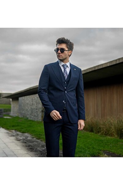 Costumen New Season Slim Fit Self-Striped Vested Vest Set Suit