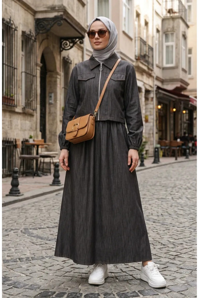 sefamerve Zippered Denim Look Double Suit 0254-03 Brown