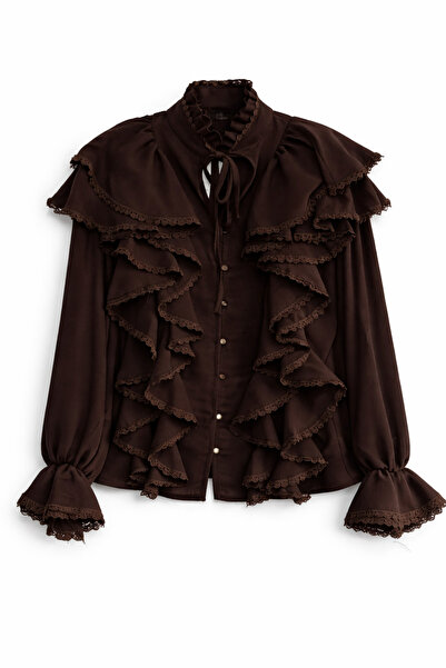 Julidress Dantel ve Bağlama Detaylı Premium Vintage Keten Dokulu Gömlek