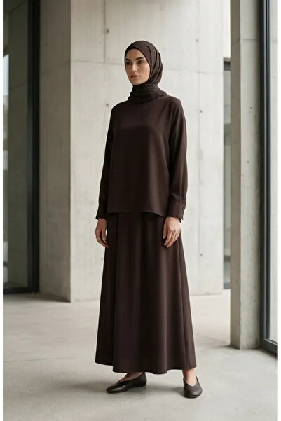 sefamerve Buttoned Sleeve Tunic Skirt Double Set 0246-03 Brown