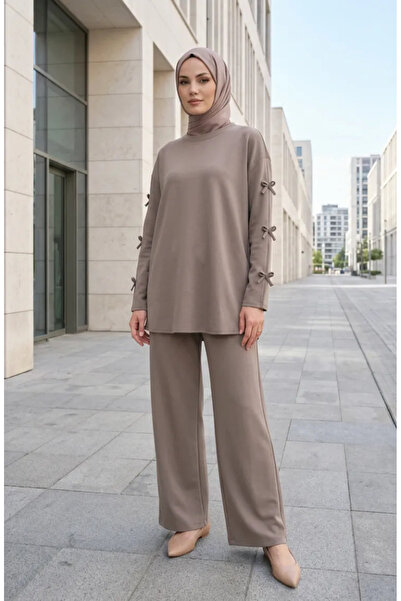 sefamerve Set dublu: Tunică cu mâneci tip fundă și pantaloni 2246-03 Bej