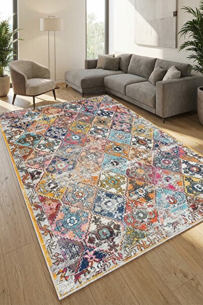 VOPTEKS Renkli Halı Salon Halısı Makinede Yıkanabilir Halı Kaymaz Taban Halı